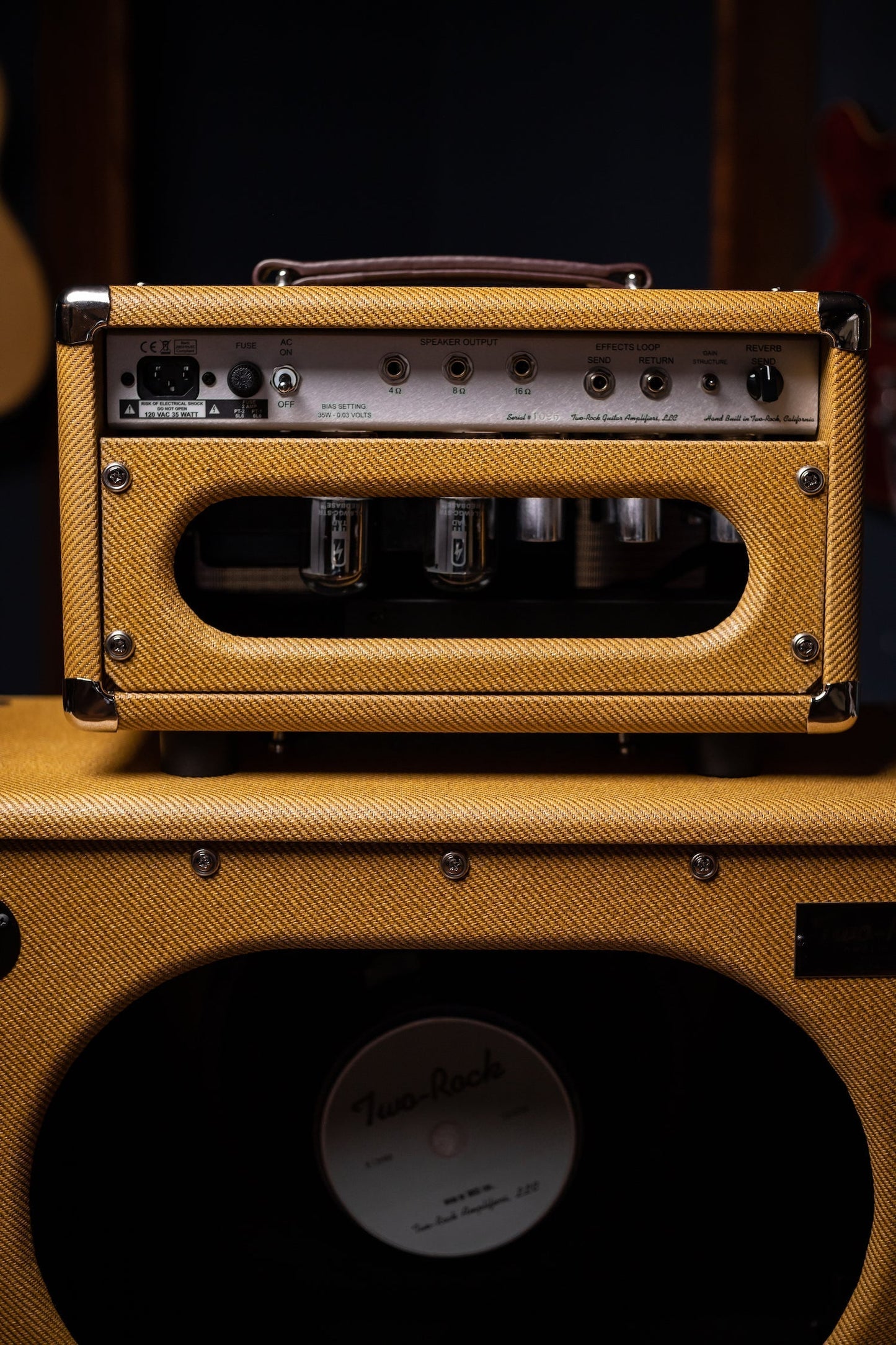 PRE-ORDER | Two-Rock Studio Signature 35 Watt Tube Head and 12-65B 1x12 Extension Cabinet - Lacquered Tweed, Silver Chassis, Fender Style Oxblood Gold Stripe Grill, Black Knobs, Burgandy Pipping