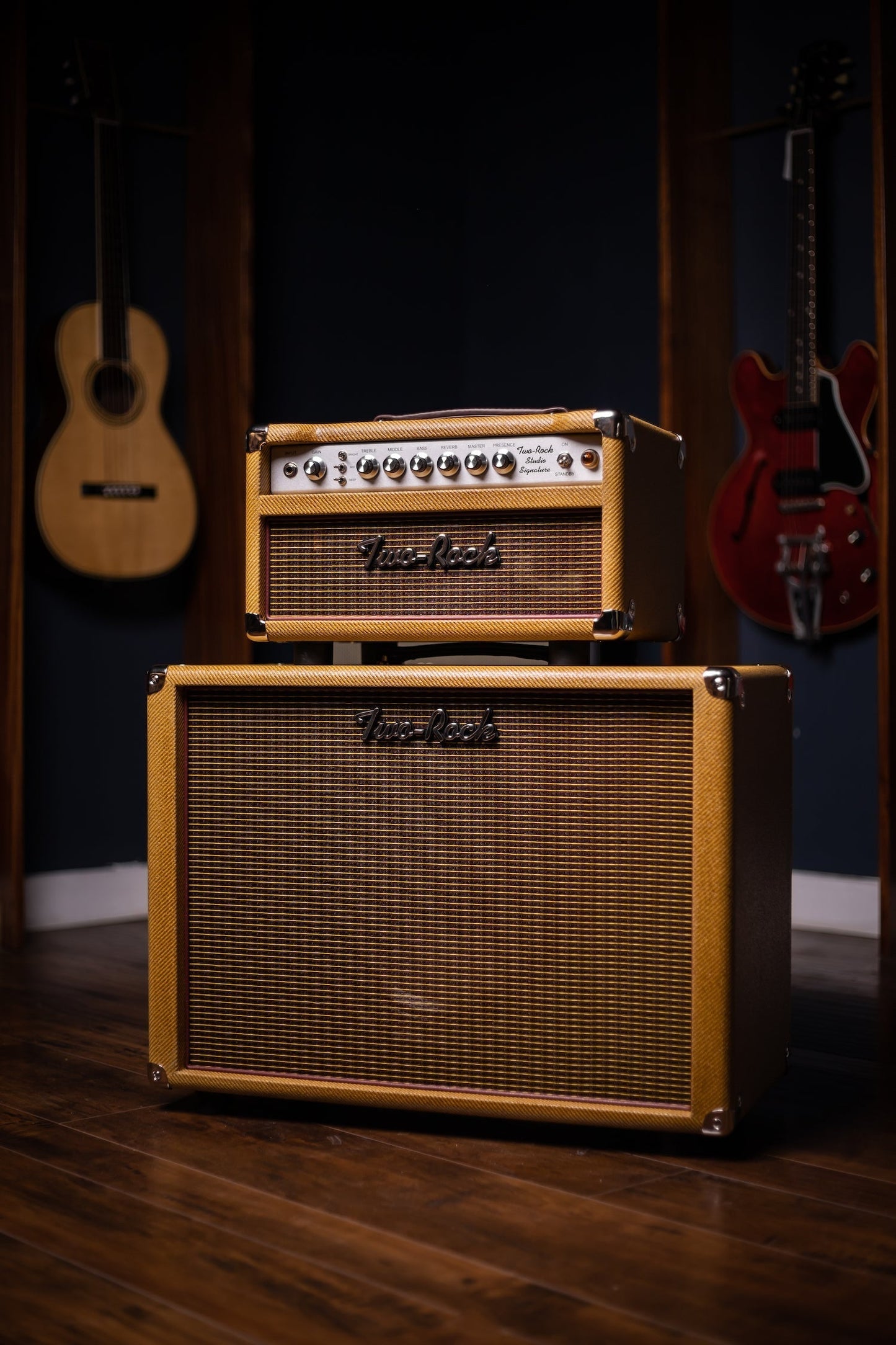 PRE-ORDER | Two-Rock Studio Signature 35 Watt Tube Head and 12-65B 1x12 Extension Cabinet - Lacquered Tweed, Silver Chassis, Fender Style Oxblood Gold Stripe Grill, Black Knobs, Burgandy Pipping