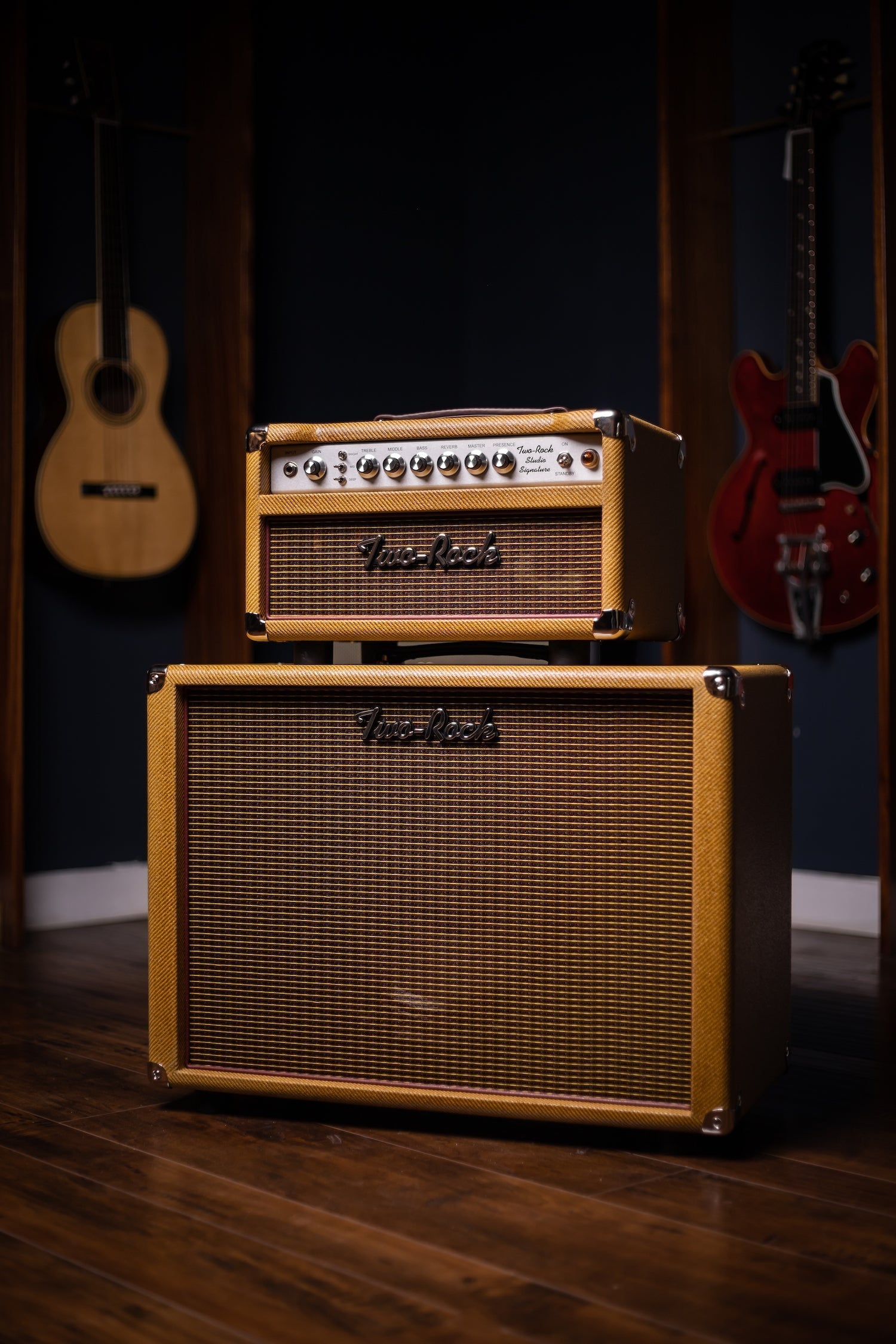 PRE-ORDER | Two-Rock Studio Signature 35 Watt Tube Head and 12-65B 1x12 Extension Cabinet - Lacquered Tweed, Silver Chassis, Fender Style Oxblood Gold Stripe Grill, Black Knobs, Burgandy Pipping