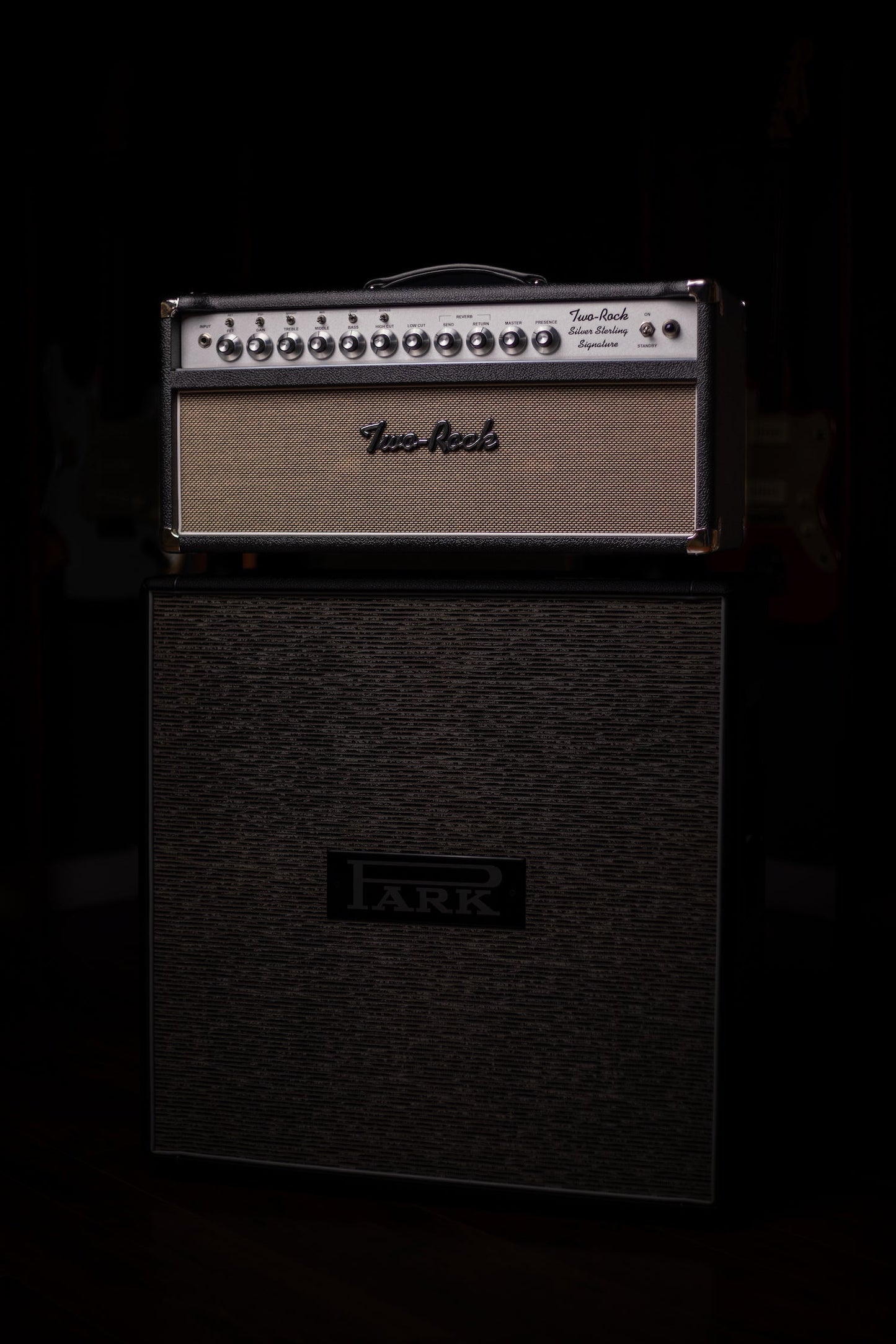 IN STOCK | Two-Rock Silver Sterling Signature 100 Watt Head - Black Bronco, Aged British Black and Tan Cloth, White Piping, Silver Knobs
