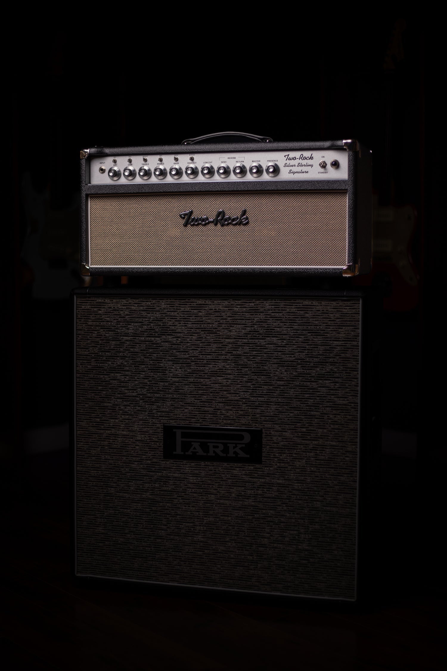 IN STOCK | Two-Rock Silver Sterling Signature 100 Watt Head - Black Bronco, Aged British Black and Tan Cloth, White Piping, Silver Knobs
