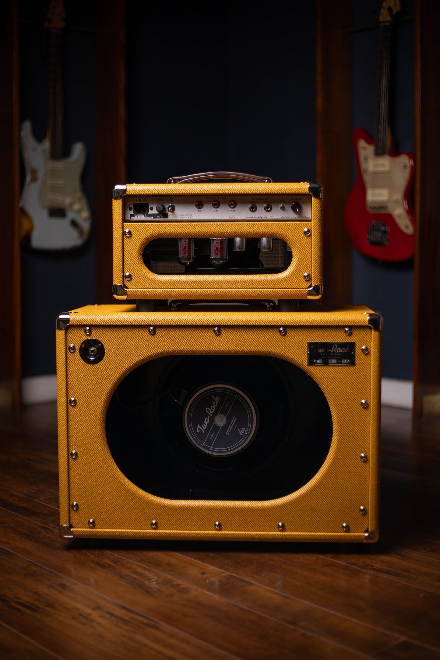 Two-Rock Studio Signature 120v Head and 1x12 Open Back 2R12 Speaker Cabinet - Amber Lacquered Tweed, Silver Anodized, Oxblood Stripe Cloth, Black Knobs, Maroon Pipping