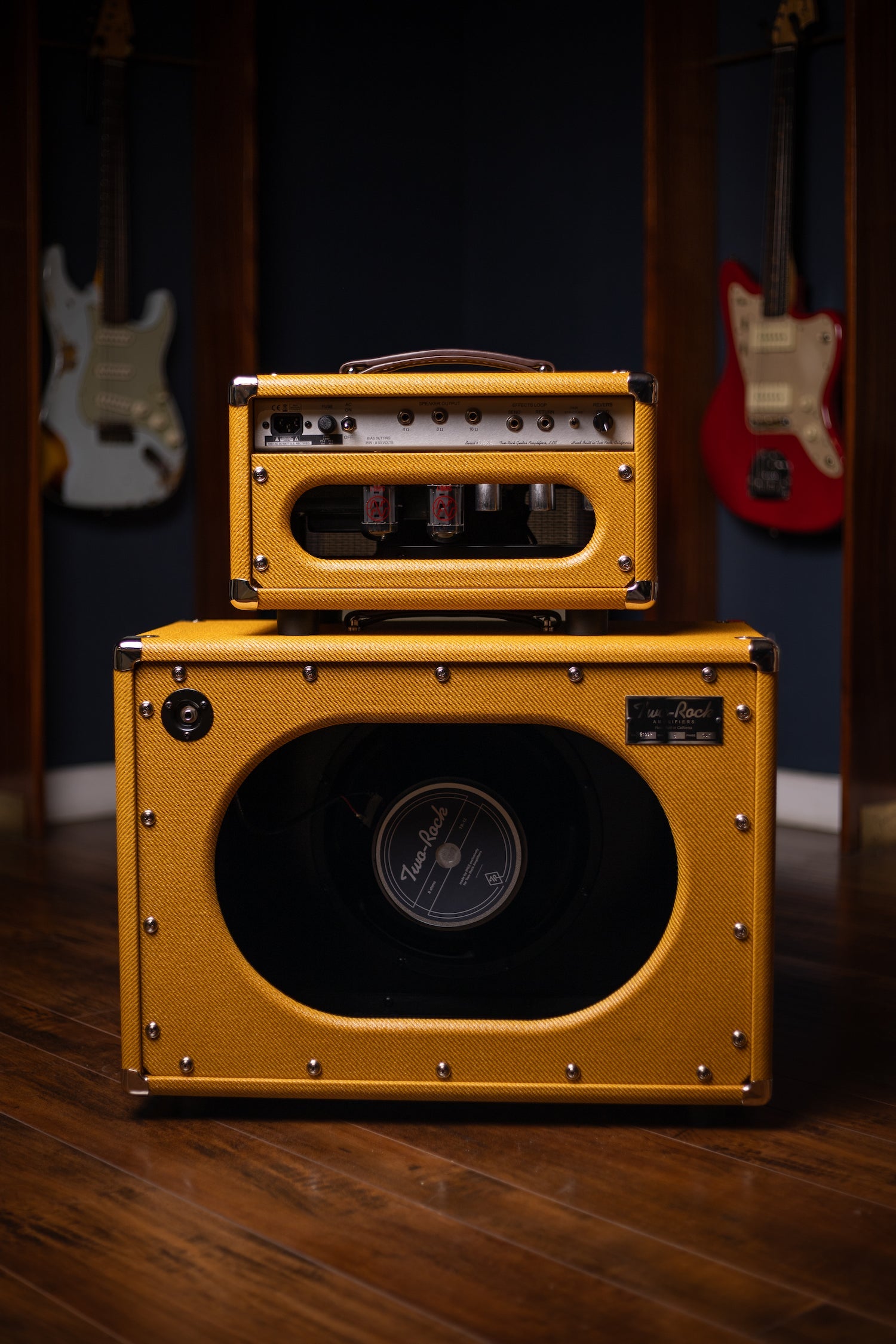 Two-Rock Studio Signature 120v Head and 1x12 Open Back 2R12 Speaker Cabinet - Amber Lacquered Tweed, Silver Anodized, Oxblood Stripe Cloth, Black Knobs, Maroon Pipping