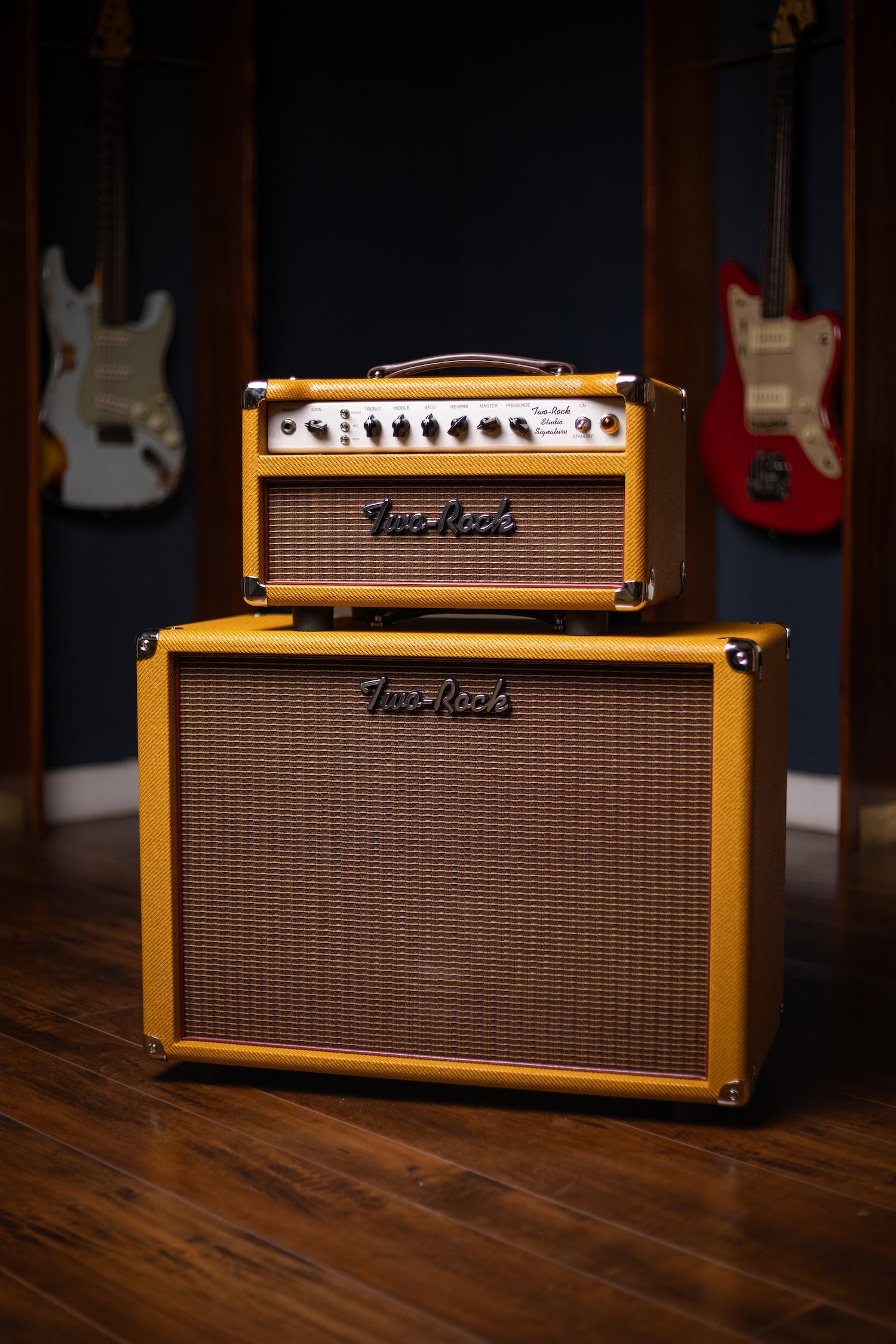 Two-Rock Studio Signature 120v Head and 1x12 Open Back 2R12 Speaker Cabinet - Amber Lacquered Tweed, Silver Anodized, Oxblood Stripe Cloth, Black Knobs, Maroon Pipping