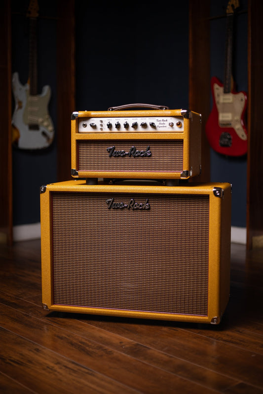 Two-Rock Studio Signature 120v Head and 1x12 Open Back 2R12 Speaker Cabinet - Amber Lacquered Tweed, Silver Anodized, Oxblood Stripe Cloth, Black Knobs, Maroon Pipping