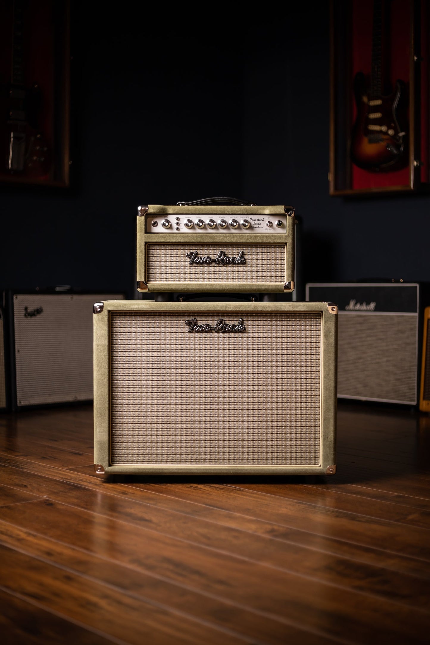 2022 Two-Rock Studio Signature 35 Watt Tube Head and 12-65B 1x12 Extension Cabinet - Moss Green Suede, Silver Chassis, Vintage Gold Grill, Silver Knobs