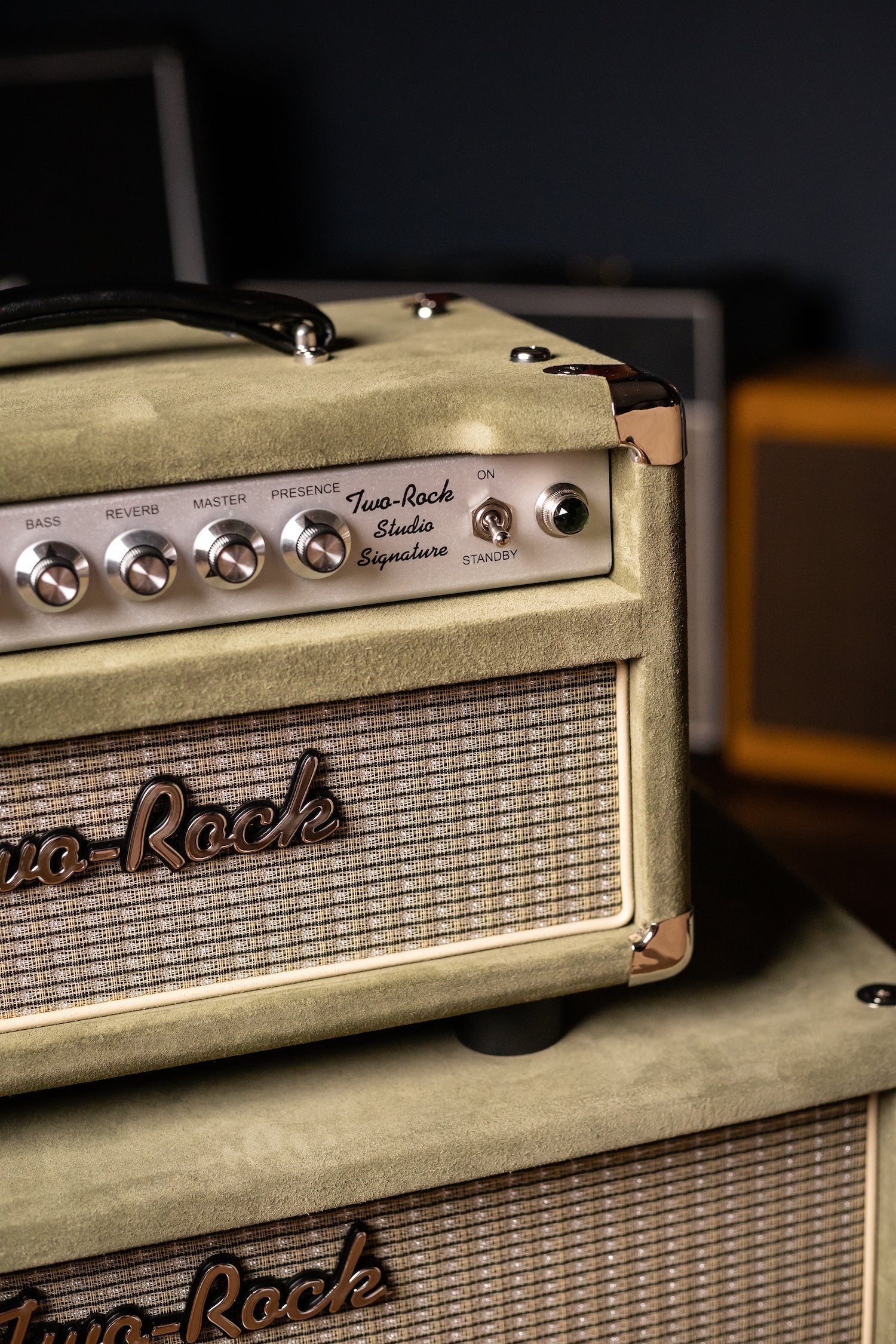 2022 Two-Rock Studio Signature 35 Watt Tube Head and 12-65B 1x12 Extension Cabinet - Moss Green Suede, Silver Chassis, Vintage Gold Grill, Silver Knobs