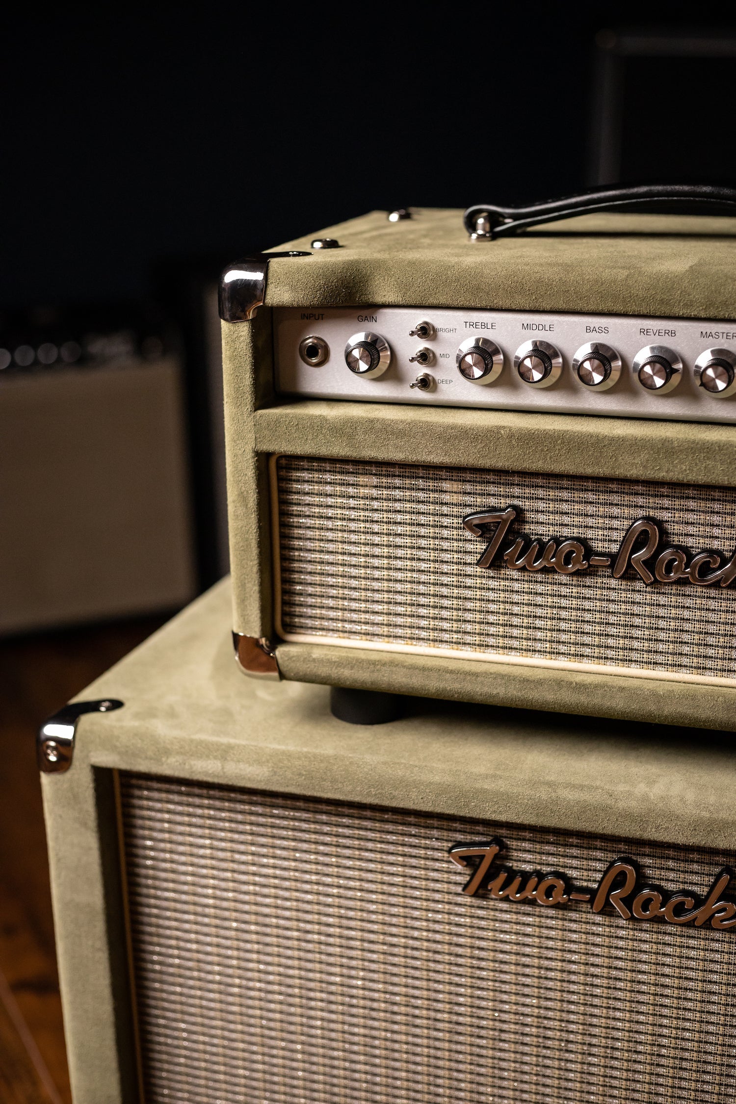 2022 Two-Rock Studio Signature 35 Watt Tube Head and 12-65B 1x12 Extension Cabinet - Moss Green Suede, Silver Chassis, Vintage Gold Grill, Silver Knobs