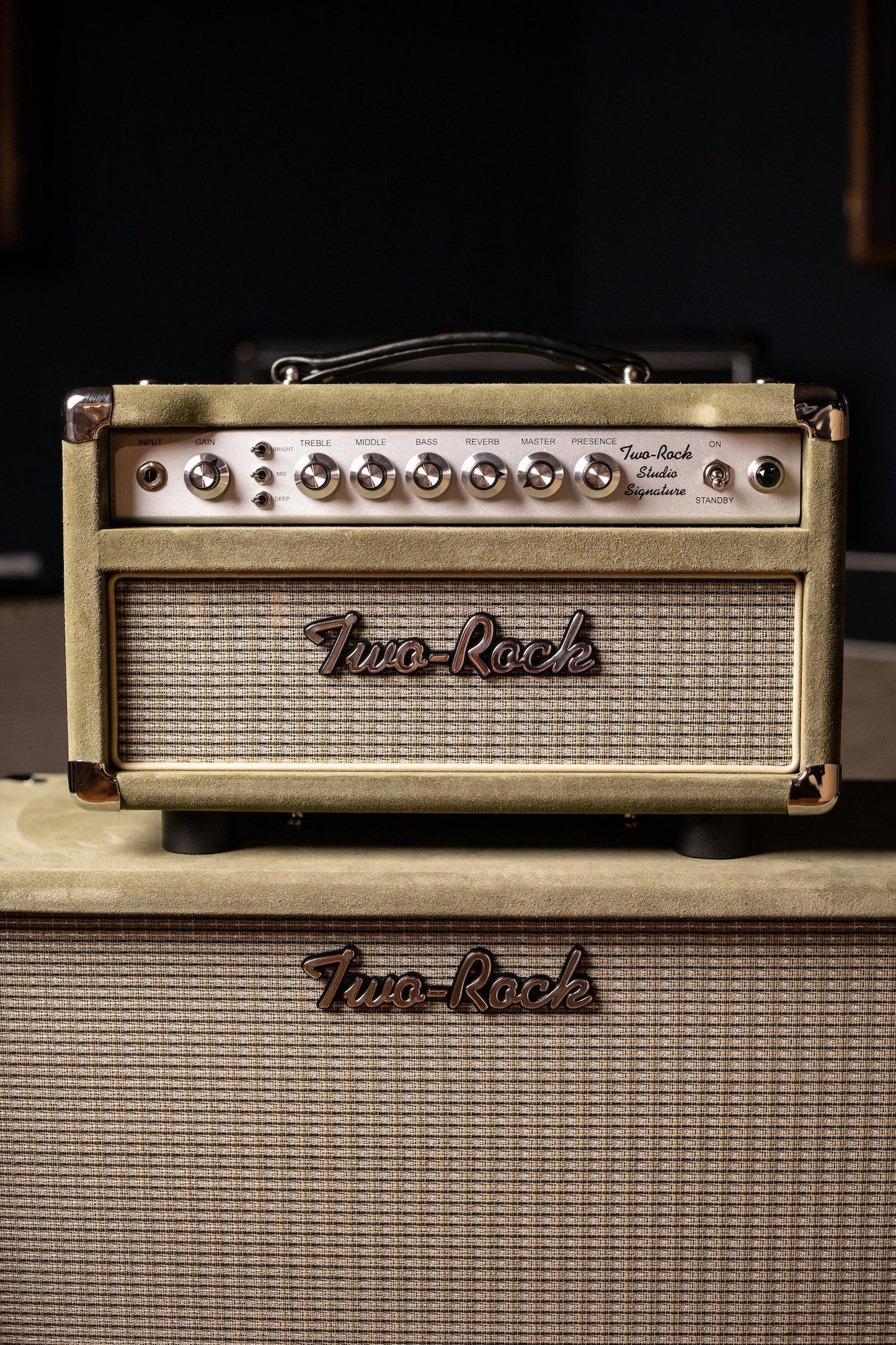 2022 Two-Rock Studio Signature 35 Watt Tube Head and 12-65B 1x12 Extension Cabinet - Moss Green Suede, Silver Chassis, Vintage Gold Grill, Silver Knobs