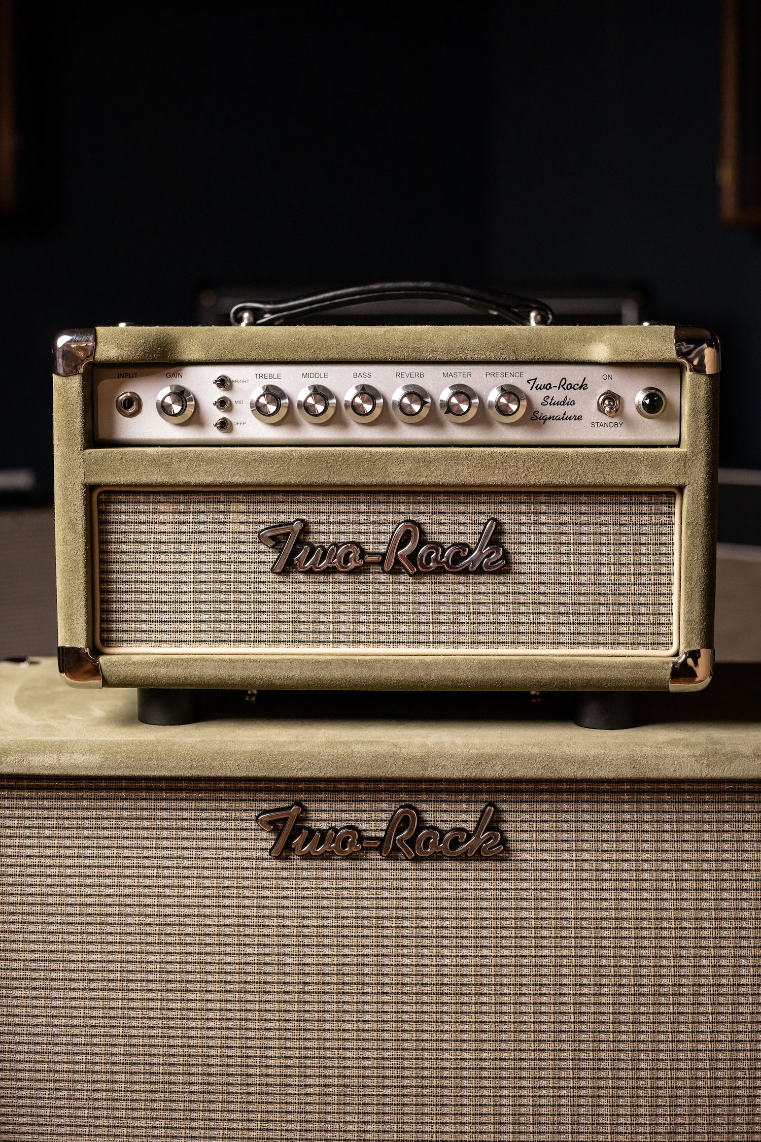 2022 Two-Rock Studio Signature 35 Watt Tube Head and 12-65B 1x12 Extension Cabinet - Moss Green Suede, Silver Chassis, Vintage Gold Grill, Silver Knobs