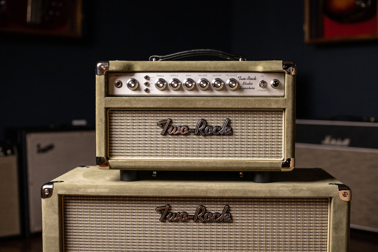 2022 Two-Rock Studio Signature 35 Watt Tube Head and 12-65B 1x12 Extension Cabinet - Moss Green Suede, Silver Chassis, Vintage Gold Grill, Silver Knobs