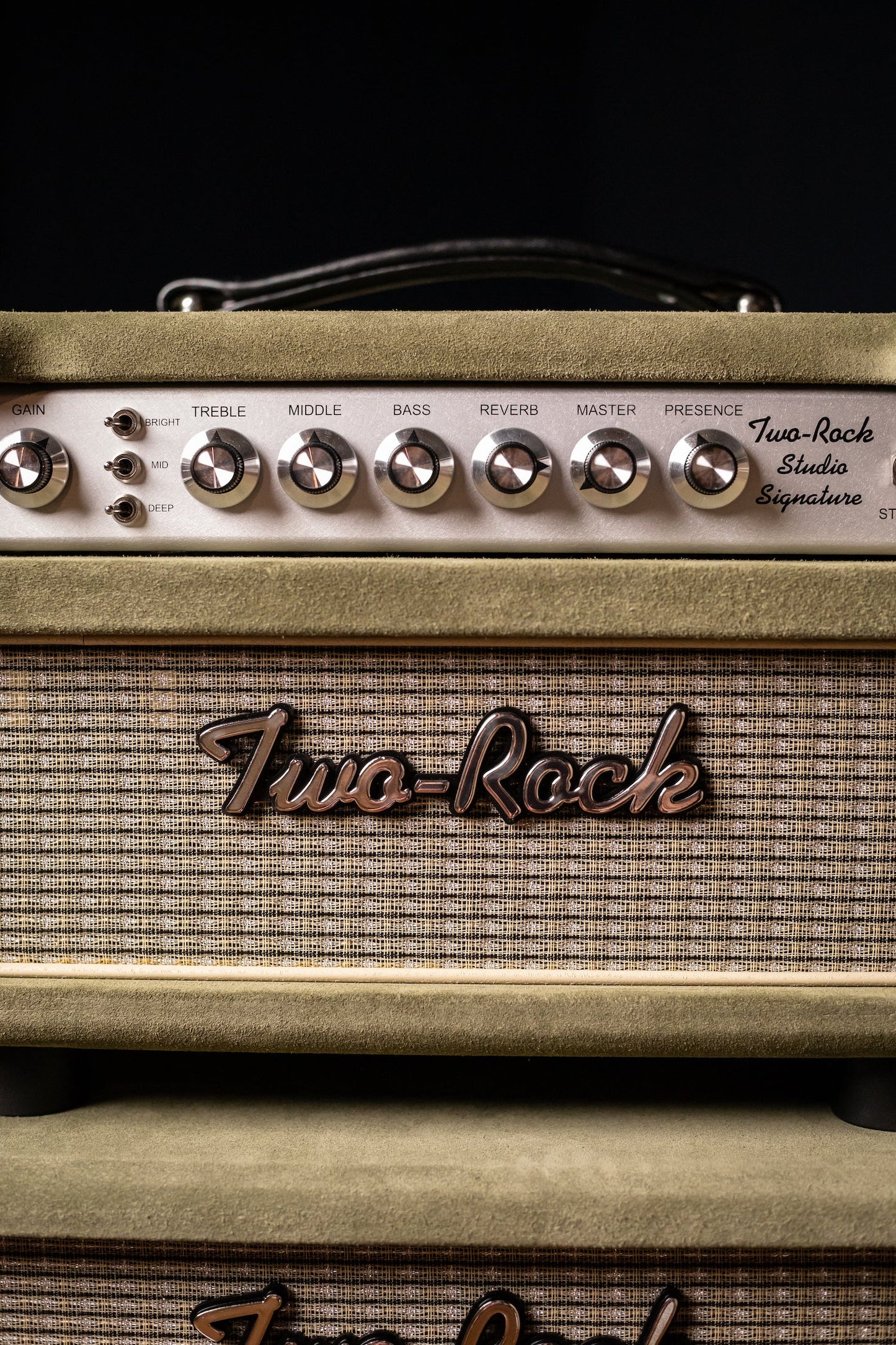 2022 Two-Rock Studio Signature 35 Watt Tube Head and 12-65B 1x12 Extension Cabinet - Moss Green Suede, Silver Chassis, Vintage Gold Grill, Silver Knobs