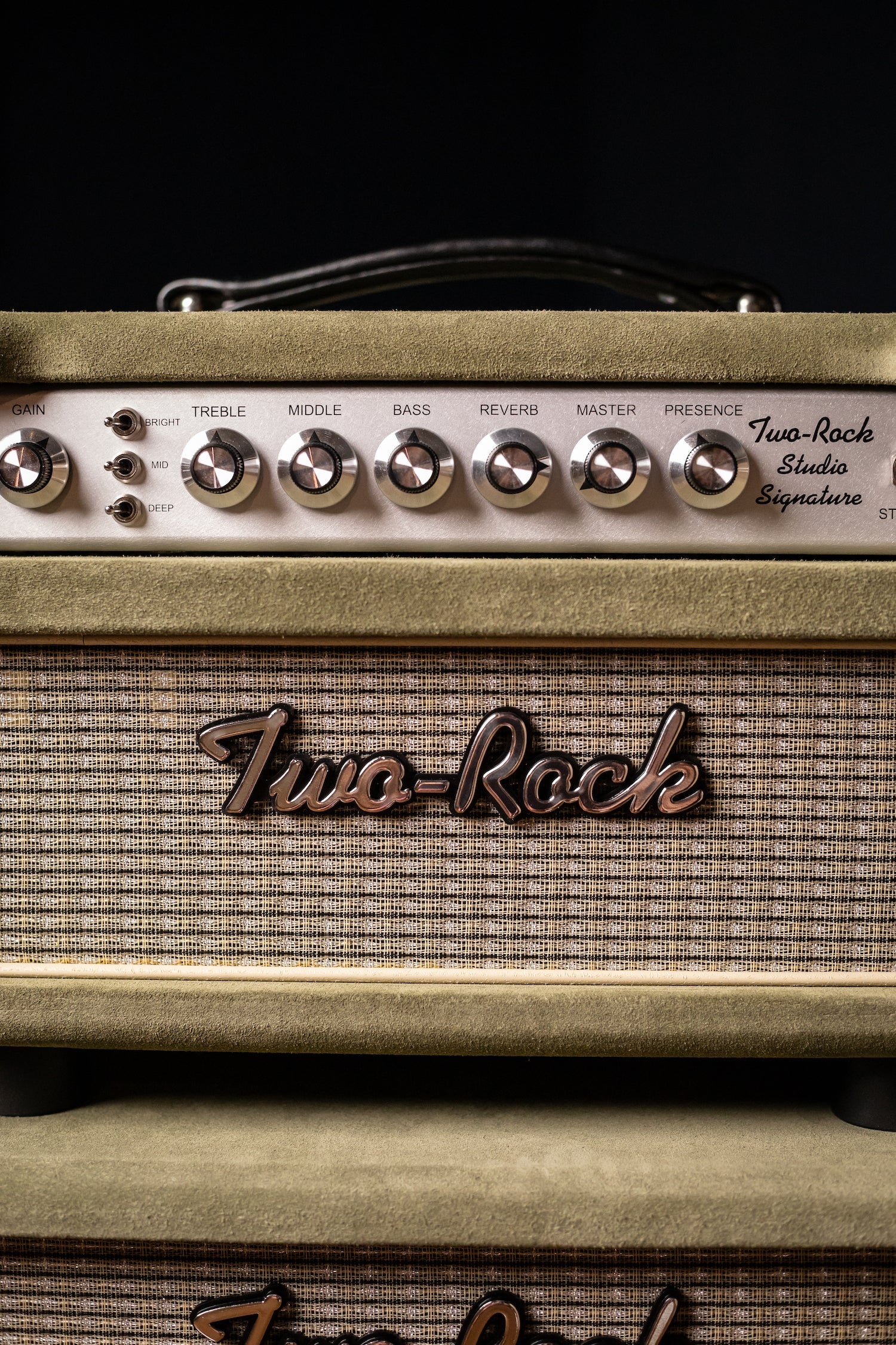 2022 Two-Rock Studio Signature 35 Watt Tube Head and 12-65B 1x12 Extension Cabinet - Moss Green Suede, Silver Chassis, Vintage Gold Grill, Silver Knobs