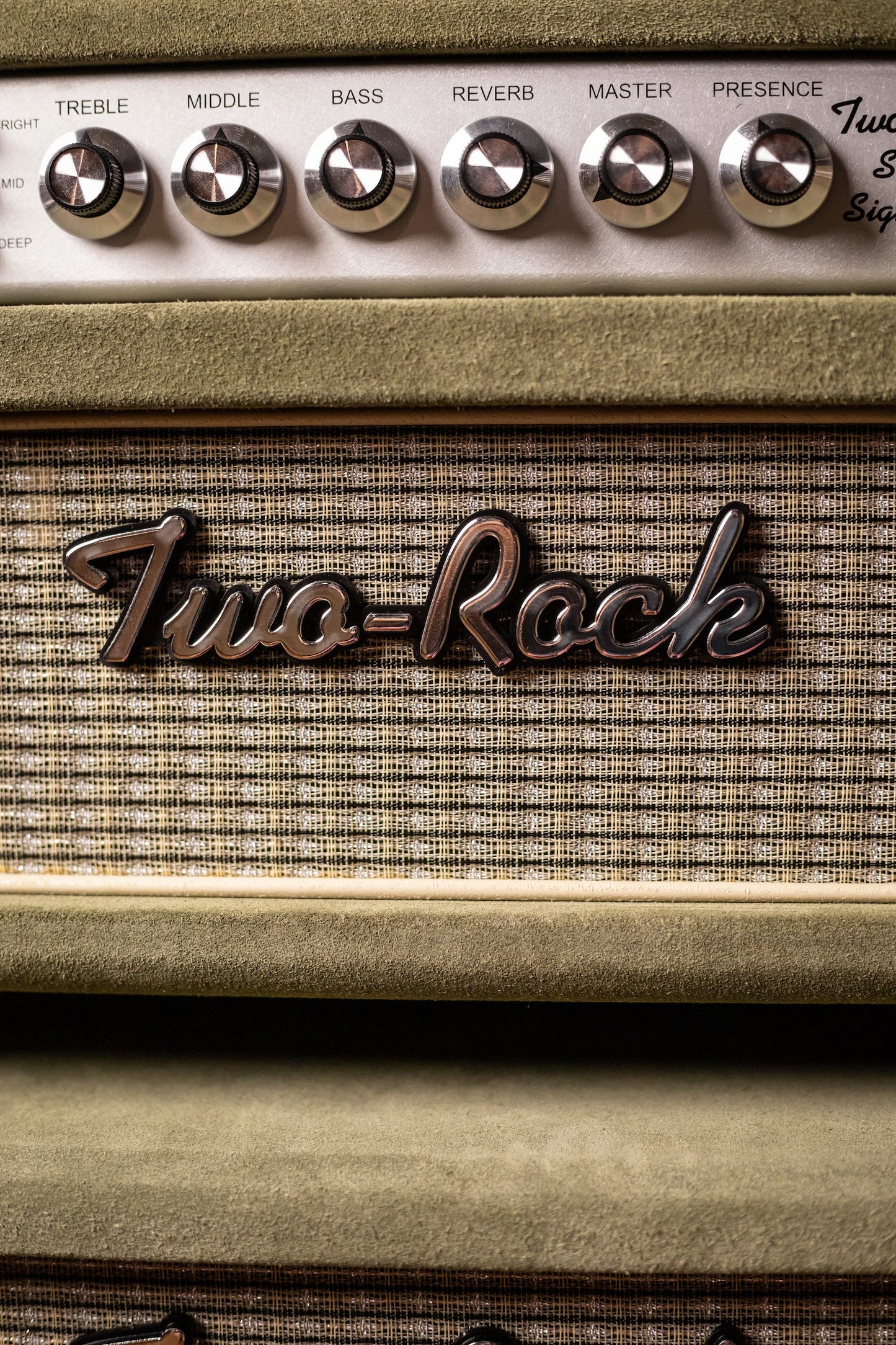 2022 Two-Rock Studio Signature 35 Watt Tube Head and 12-65B 1x12 Extension Cabinet - Moss Green Suede, Silver Chassis, Vintage Gold Grill, Silver Knobs