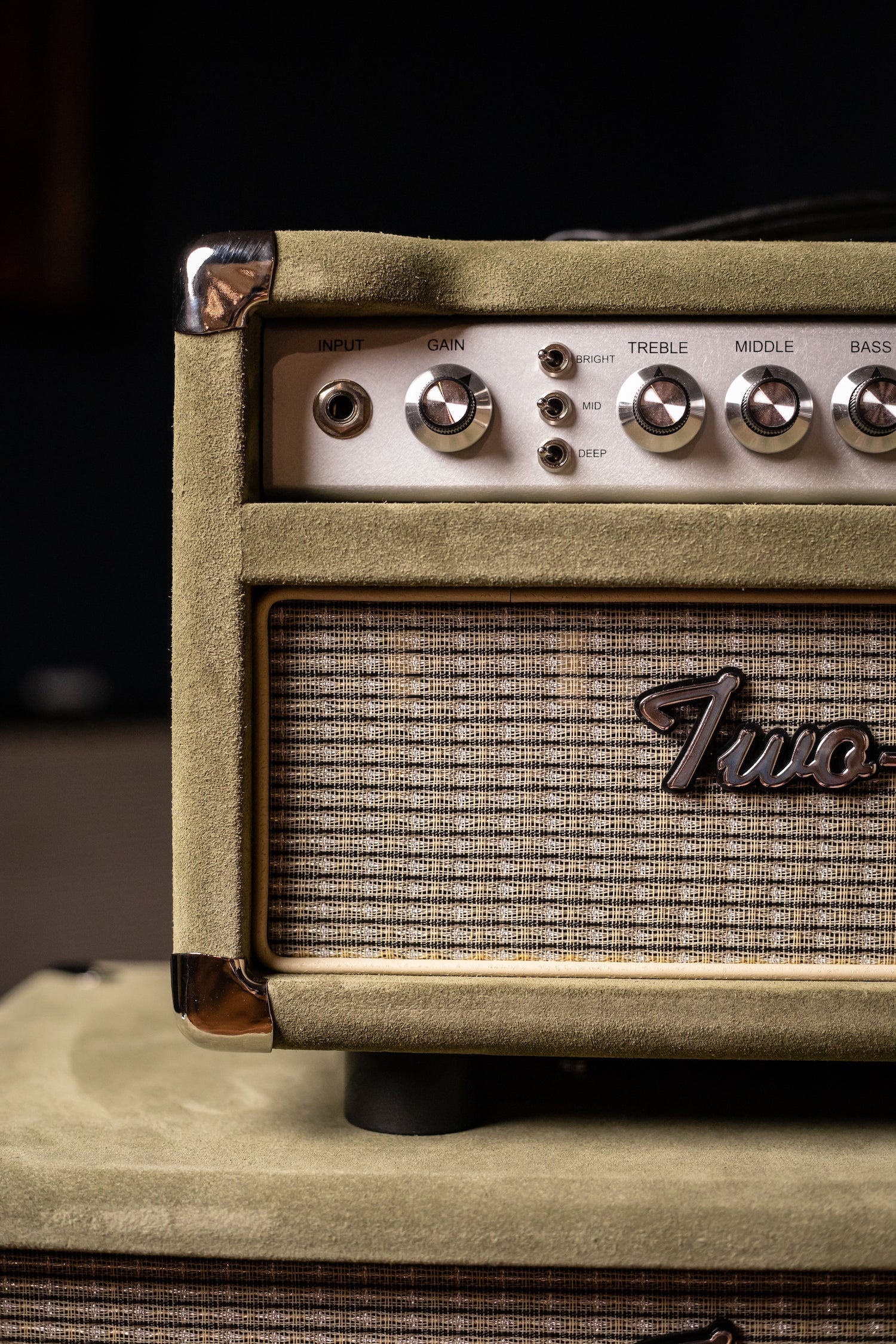 2022 Two-Rock Studio Signature 35 Watt Tube Head and 12-65B 1x12 Extension Cabinet - Moss Green Suede, Silver Chassis, Vintage Gold Grill, Silver Knobs
