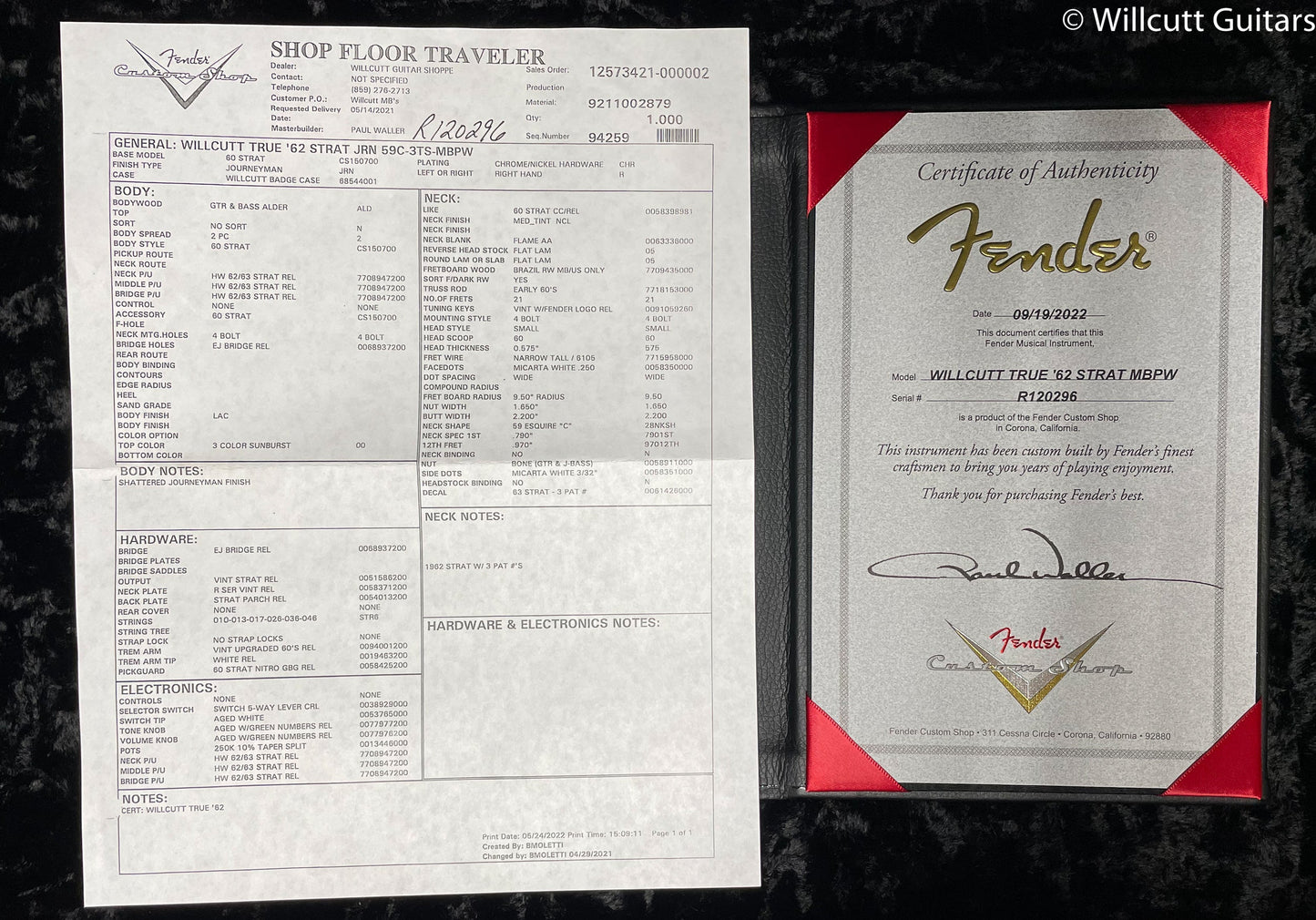Fender Custom Shop WILLCUTT TRUE '62 STRAT JRN 59C-3TS-MBPW (296)