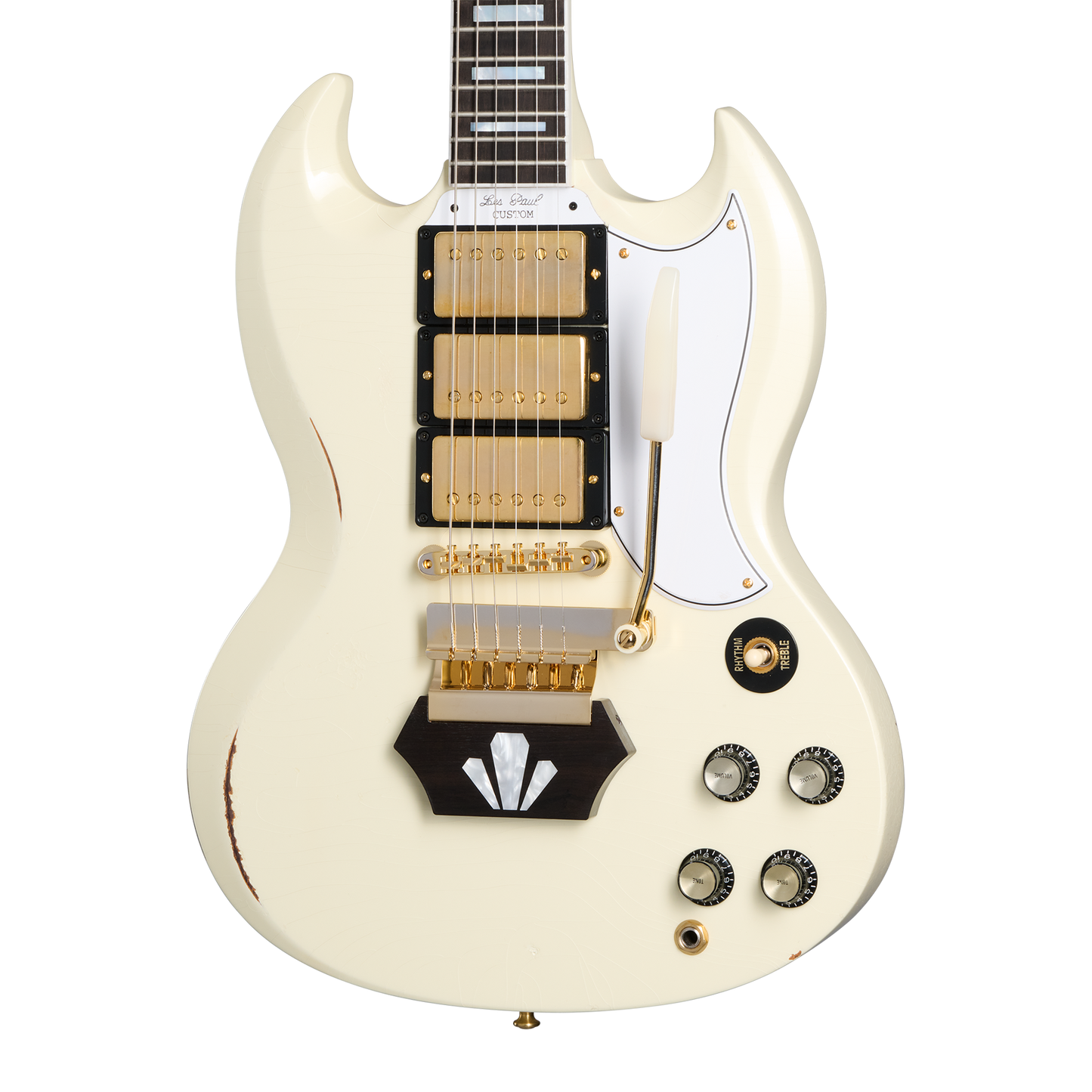 Gibson Custom 1962 Les Paul SG Custom Reissue with Ebony Block, Light Aged, Vintage White, Exclusive