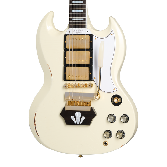 Gibson Custom 1962 Les Paul SG Custom Reissue with Ebony Block, Light Aged, Vintage White, Exclusive