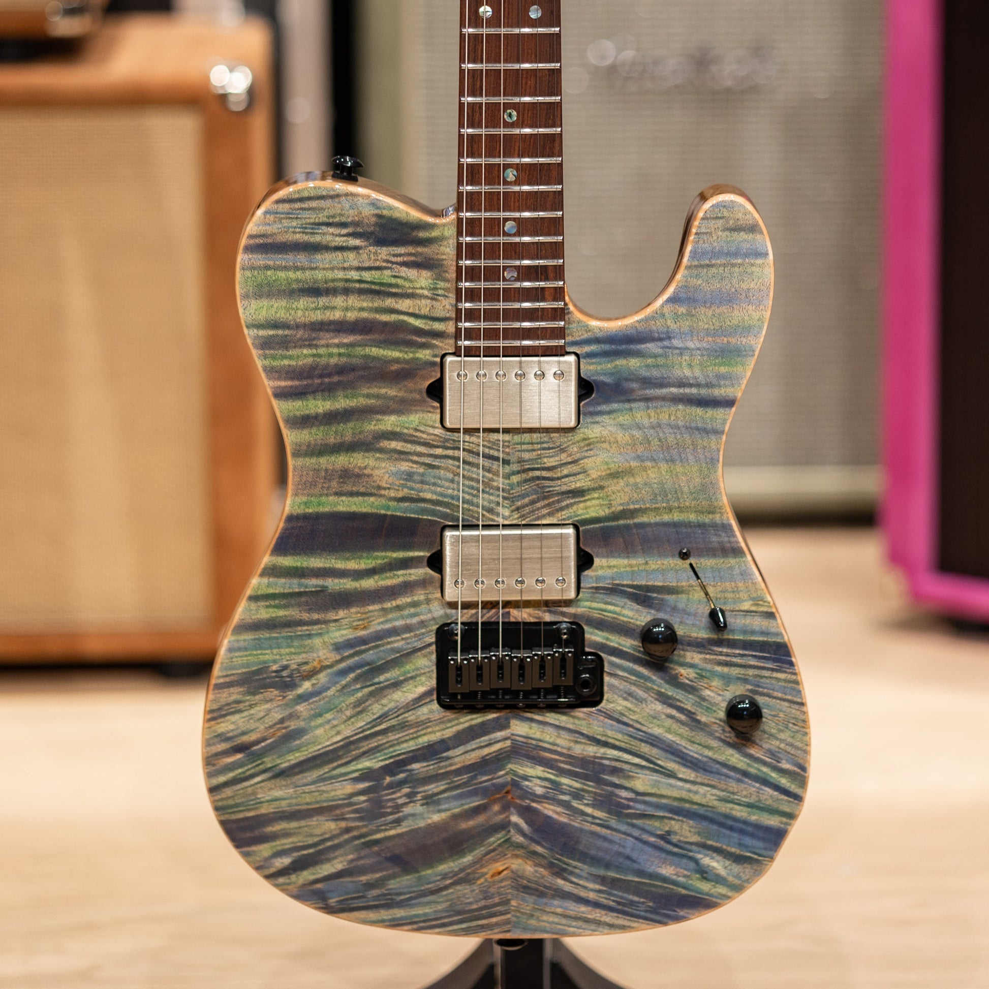 Suhr Custom Modern T Waterfall Burl Maple/Black Limba - Trans Algae