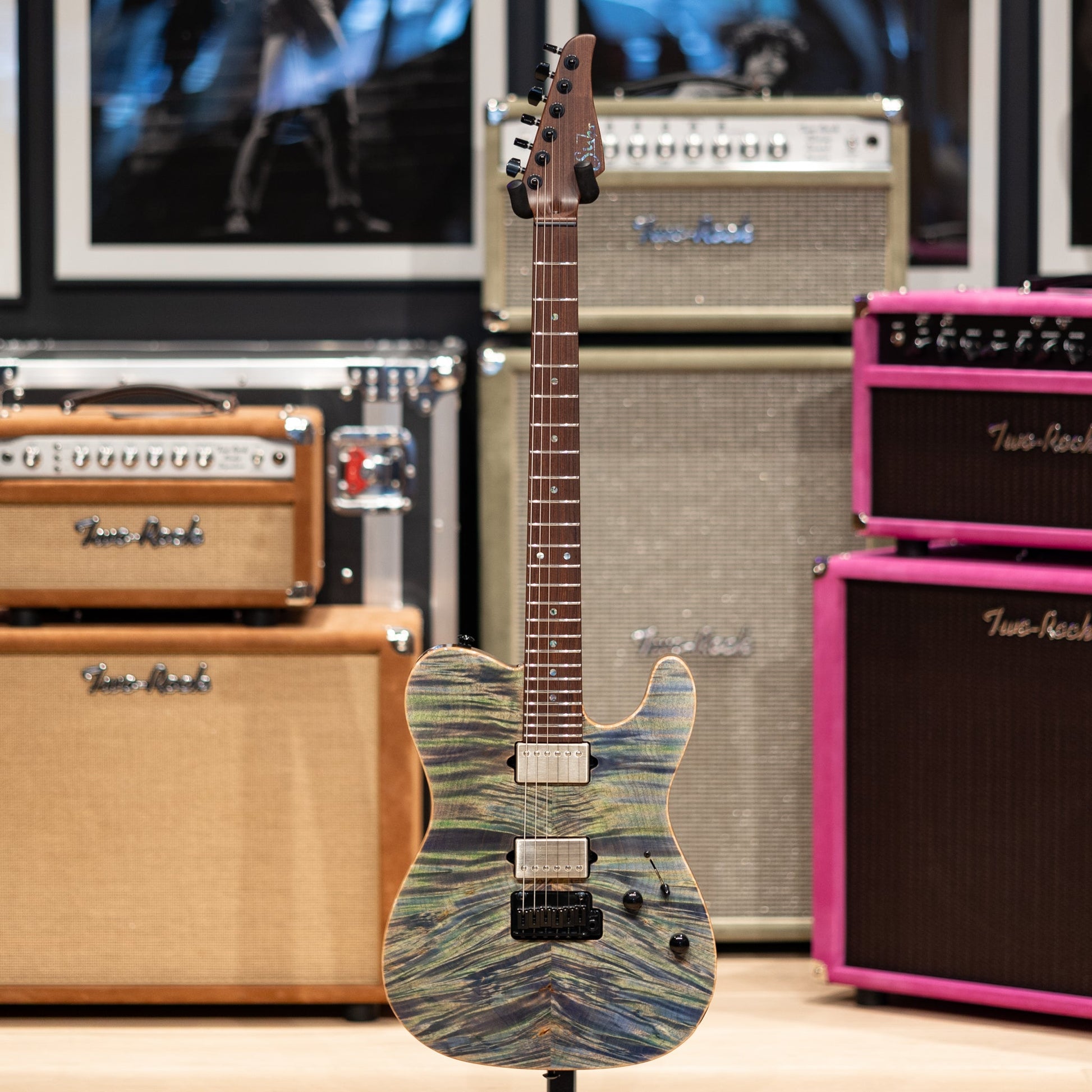 Suhr Custom Modern T Waterfall Burl Maple/Black Limba - Trans Algae