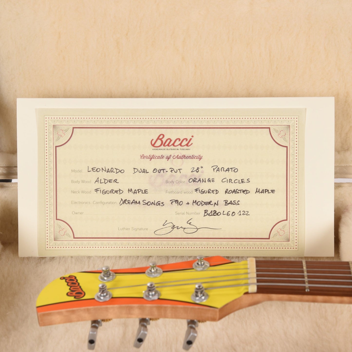 Bacci Leonardo Parato Bacci Orange Circles Roasted Figured Maple Neck w/Vegatrem