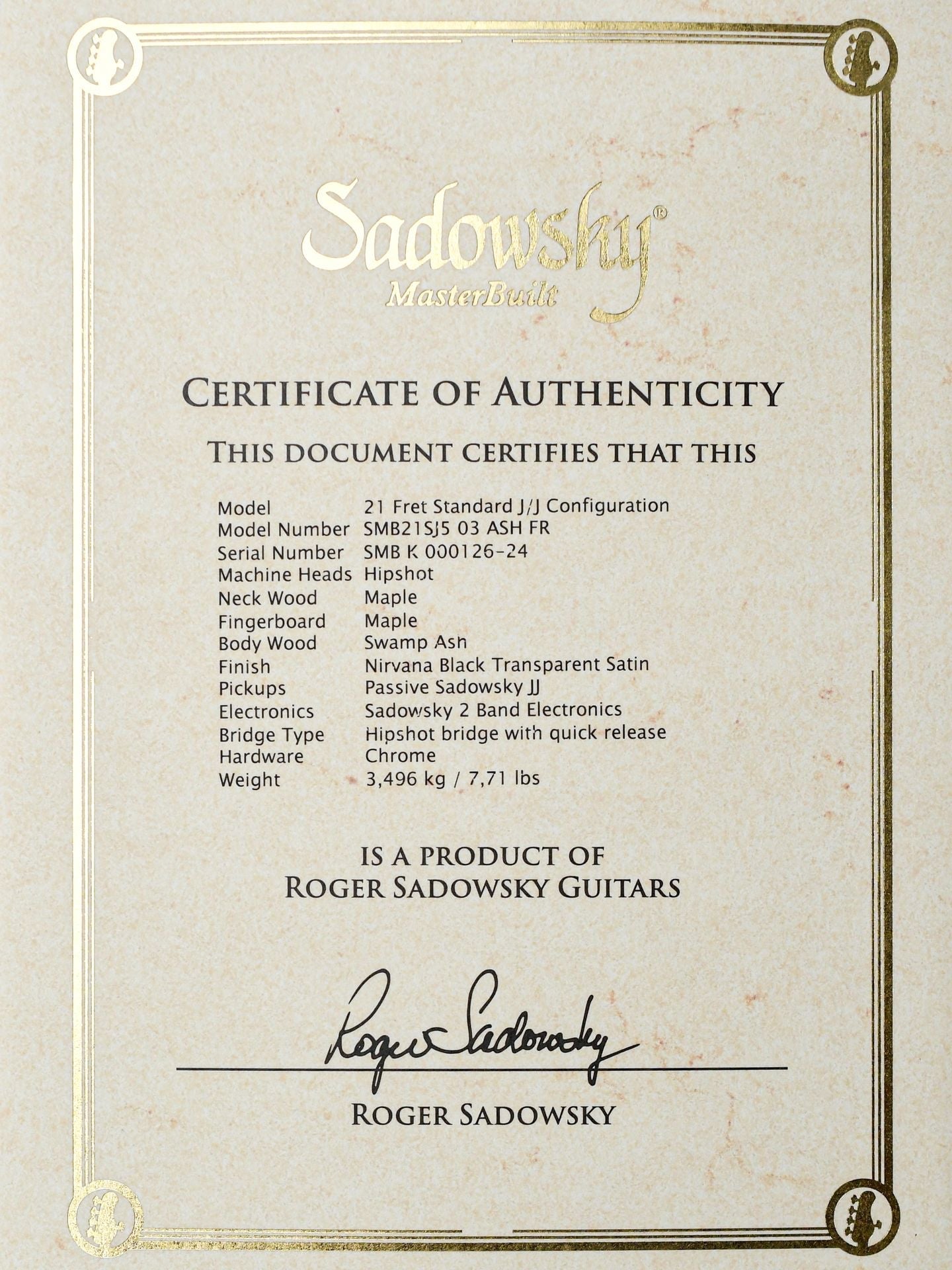Sadowsky MasterBuilt 21 Fret Standard J/J Bass Swamp Ash Body 5-String Black Transparent Satin