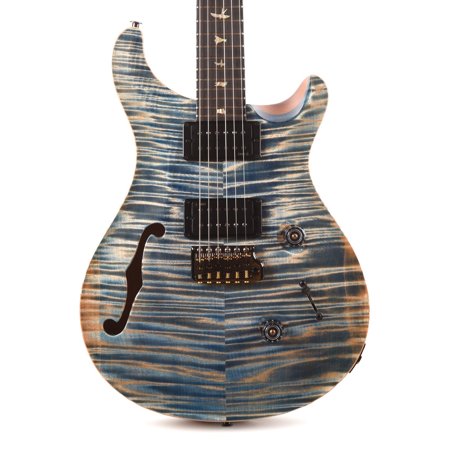 PRS Custom 24 Semi-Hollow Artist Flame Maple Top Awabi Birds Private Stock Faded Indigo w/Natural Back