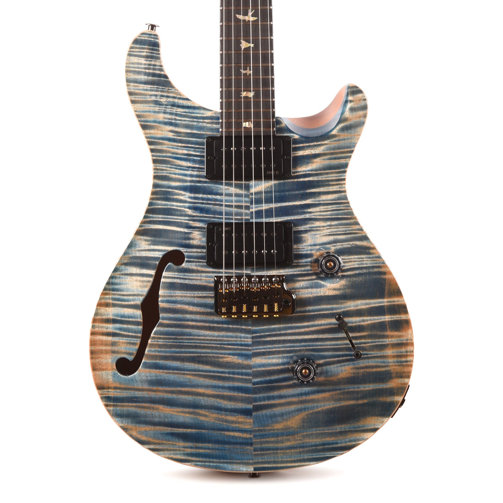 PRS Custom 24 Semi-Hollow Artist Flame Maple Top Awabi Birds Private Stock Faded Indigo w/Natural Back