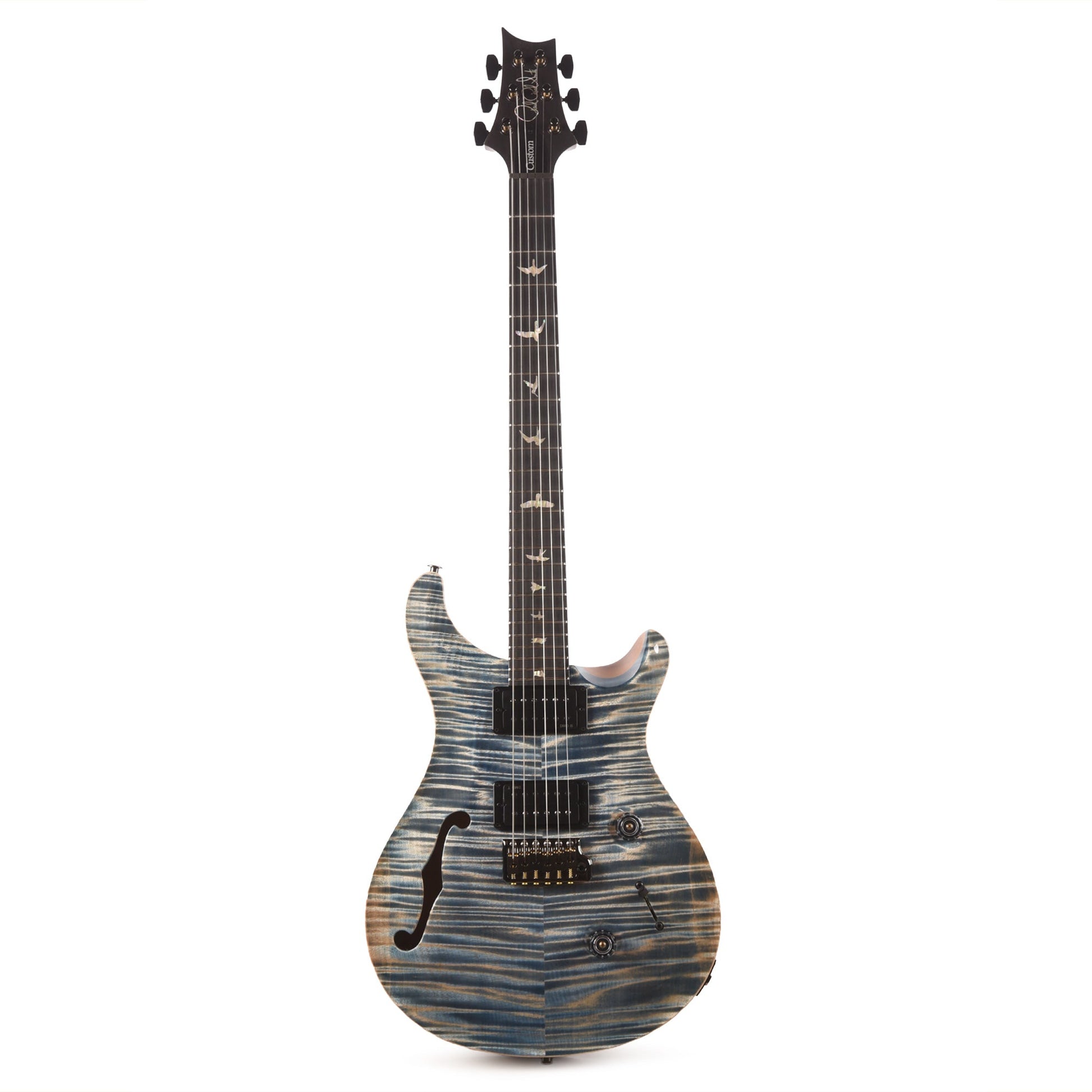 PRS Custom 24 Semi-Hollow Artist Flame Maple Top Awabi Birds Private Stock Faded Indigo w/Natural Back