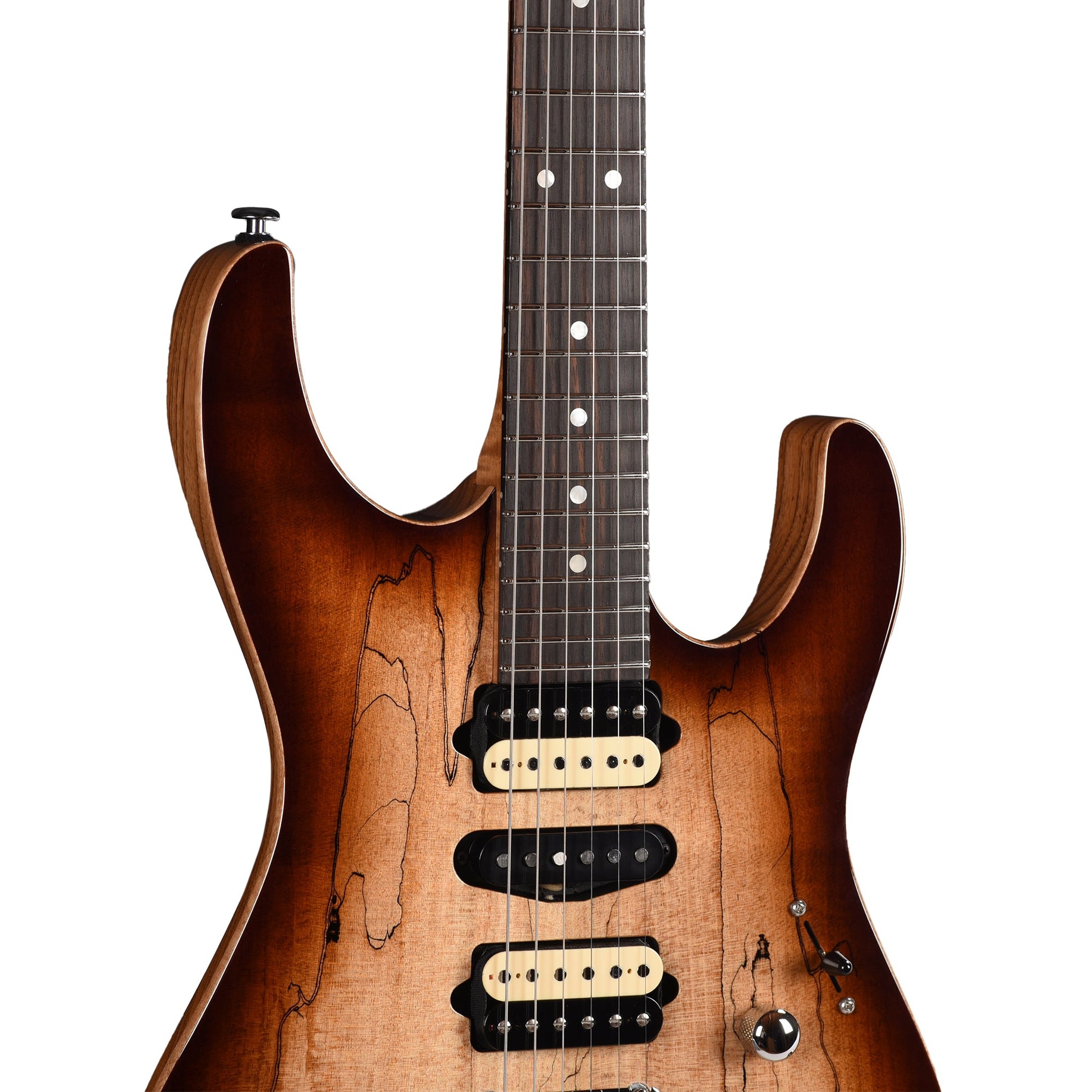 Suhr Custom Modern HSH Spalted Maple/Mahogany Dark Brown Burst w/Roasted Flame Maple Neck
