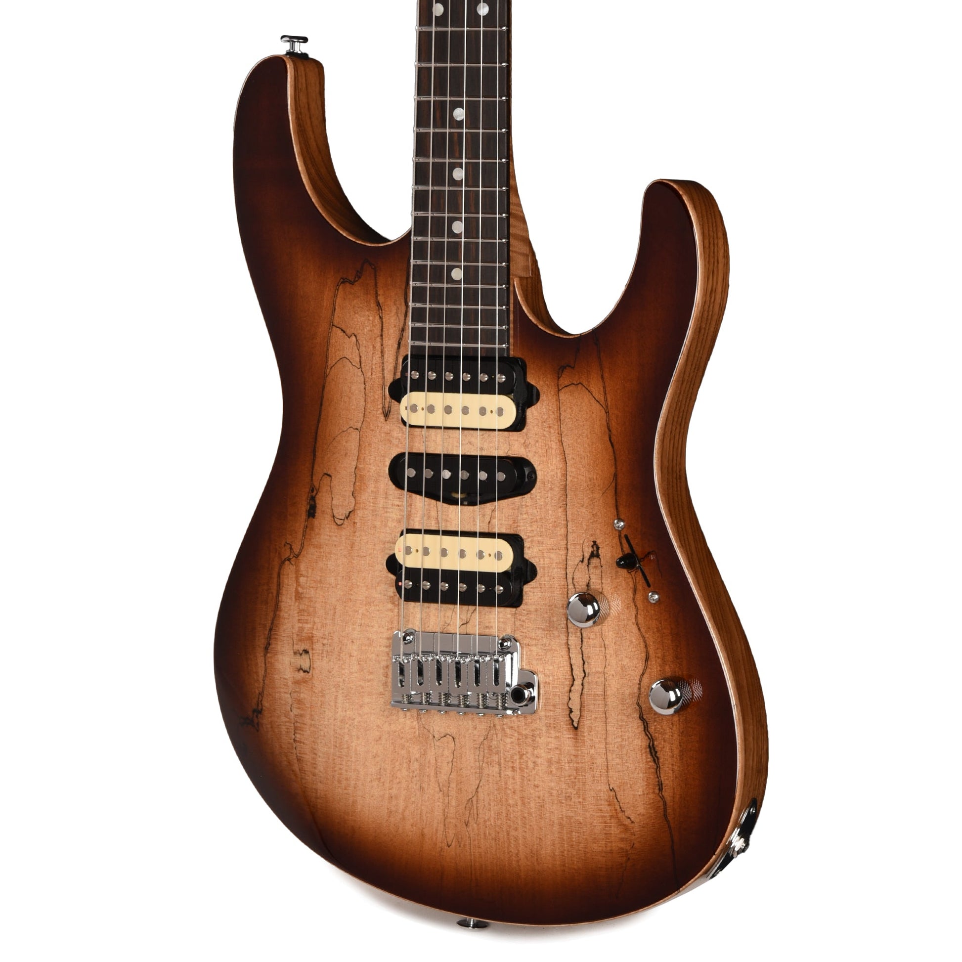 Suhr Custom Modern HSH Spalted Maple/Mahogany Dark Brown Burst w/Roasted Flame Maple Neck