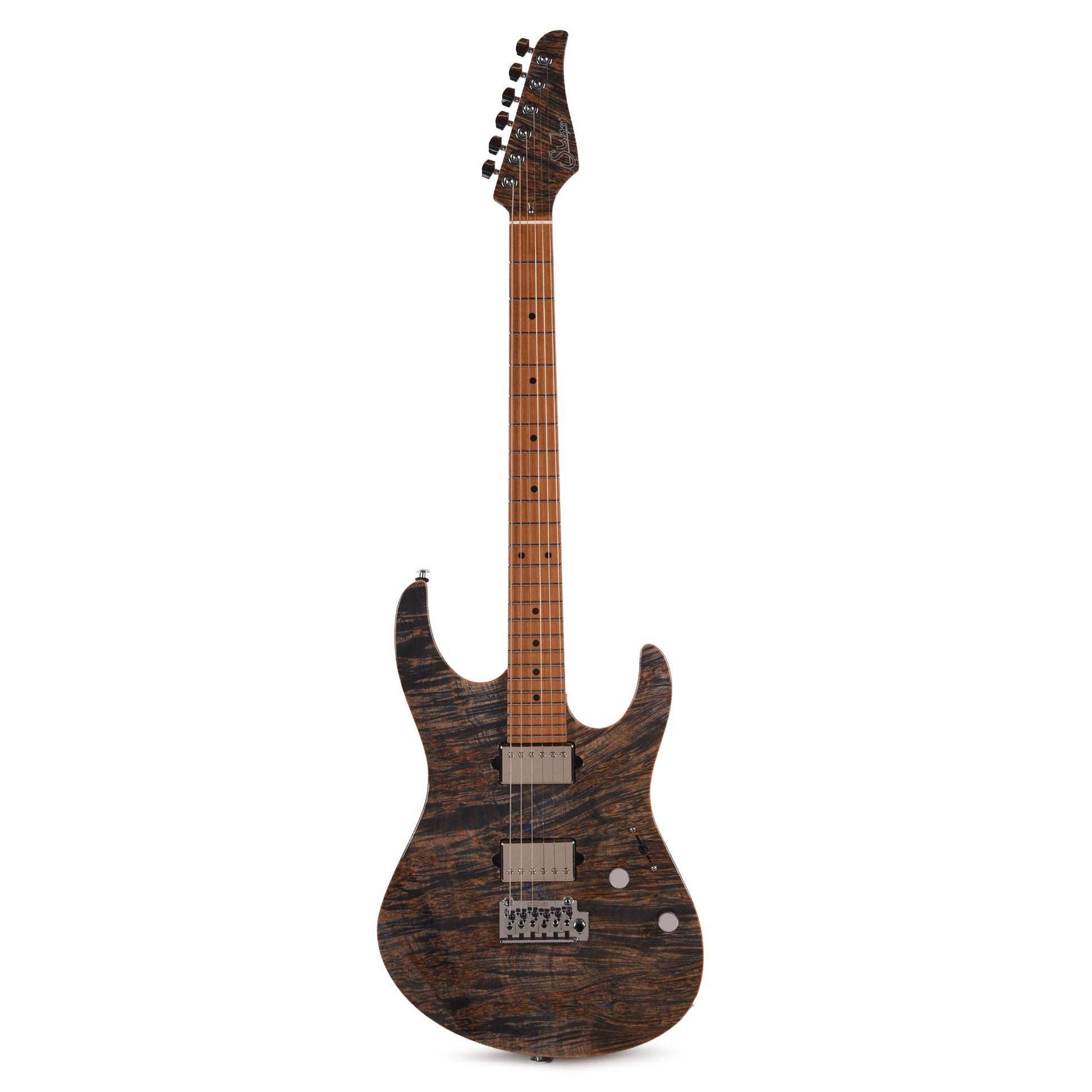 Suhr Custom Modern Trans Blue Denim w/CME-Selected Waterfall Burl Maple 1-Piece Top