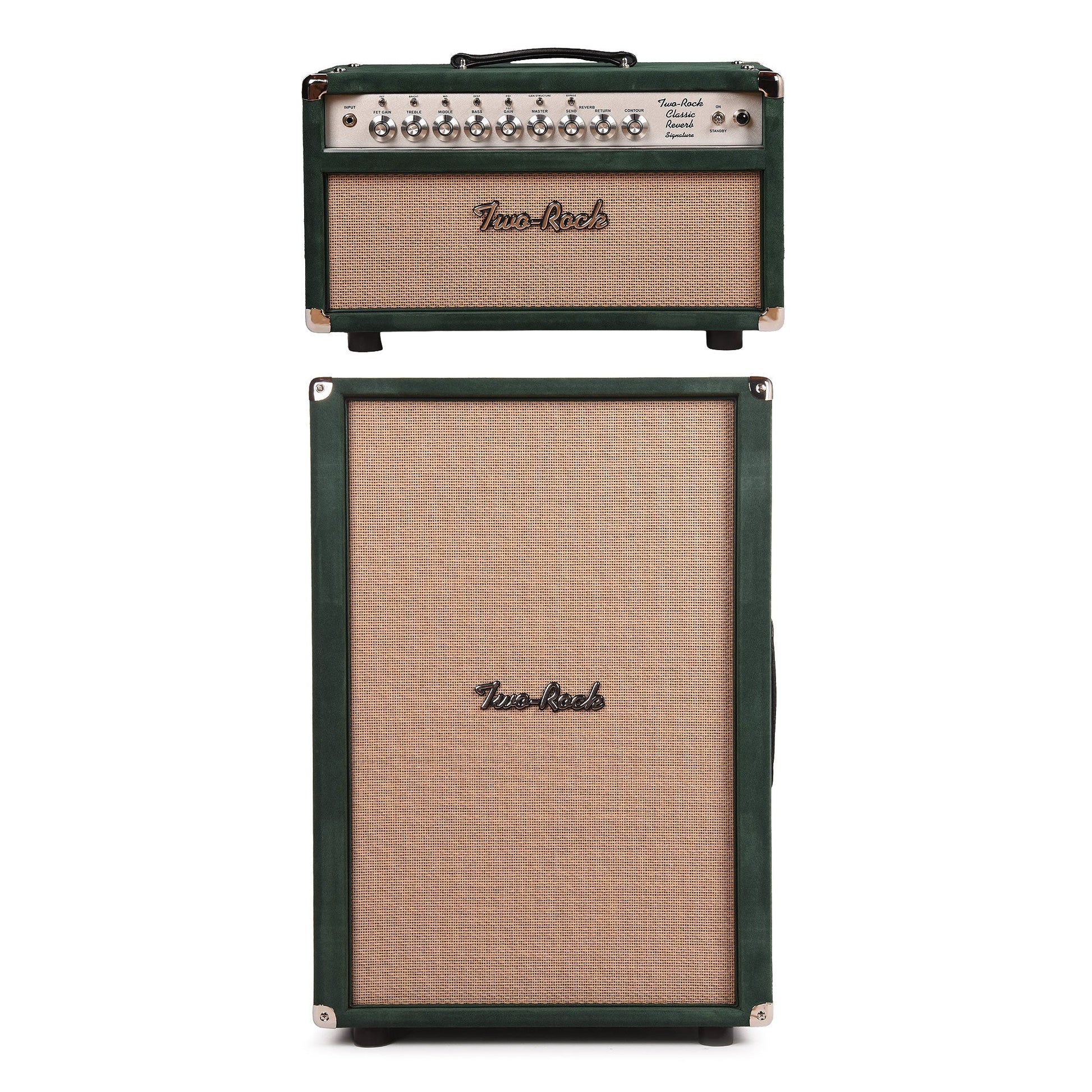 Two Rock Classic Reverb Signature 100w Head and 2x12 Vertical Cabinet Forest Green Suede w/ Cane Grill Cloth Bundle