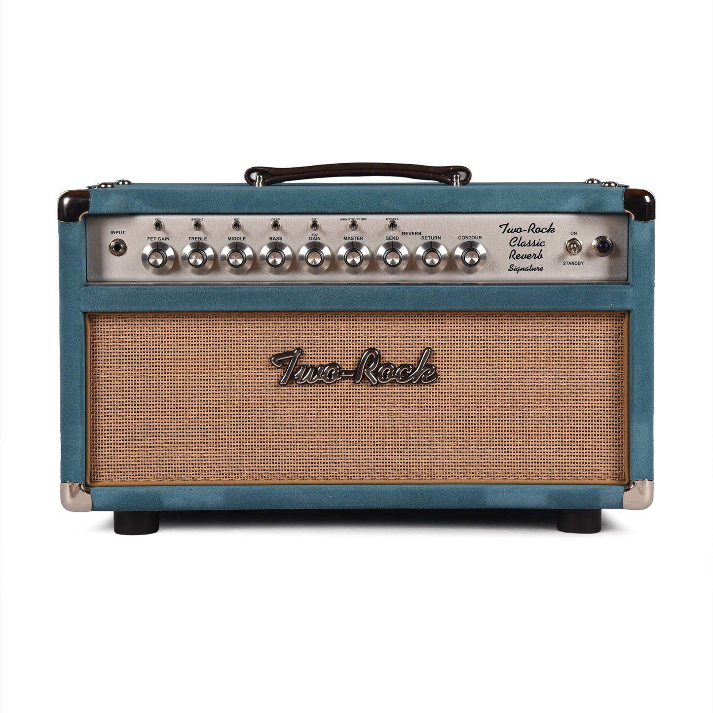 Two Rock Classic Reverb Signature Silver Anodized 100w Head Medium Blue Suede w/ Cane Grill & Silver Skirted Knobs