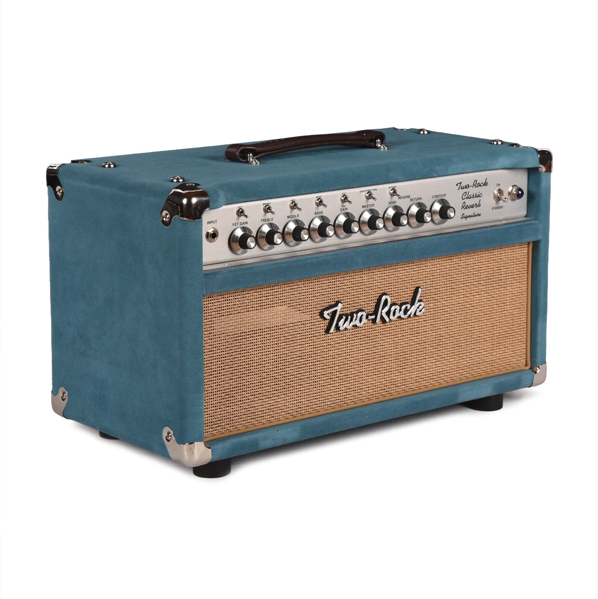 Two Rock Classic Reverb Signature Silver Anodized 100w Head Medium Blue Suede w/ Cane Grill & Silver Skirted Knobs