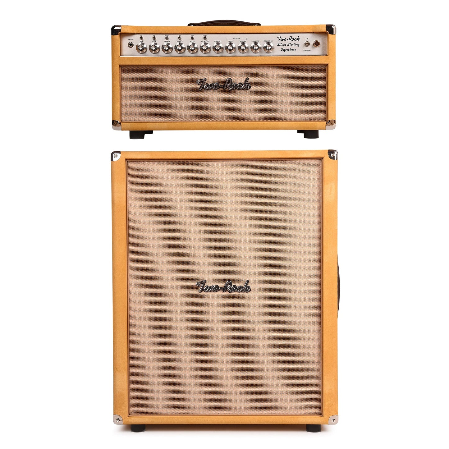 Two Rock Silver Sterling Signature 100W Head and 2x12 Vertical XL Cabinet SSS Width Gold Suede w/ Cane Grill Cloth Bundle